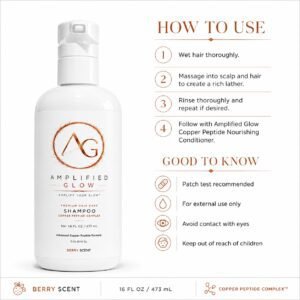 Amplified Glow shampoo usage guide showing steps to wet hair, massage into scalp, rinse thoroughly, and follow with conditioner.