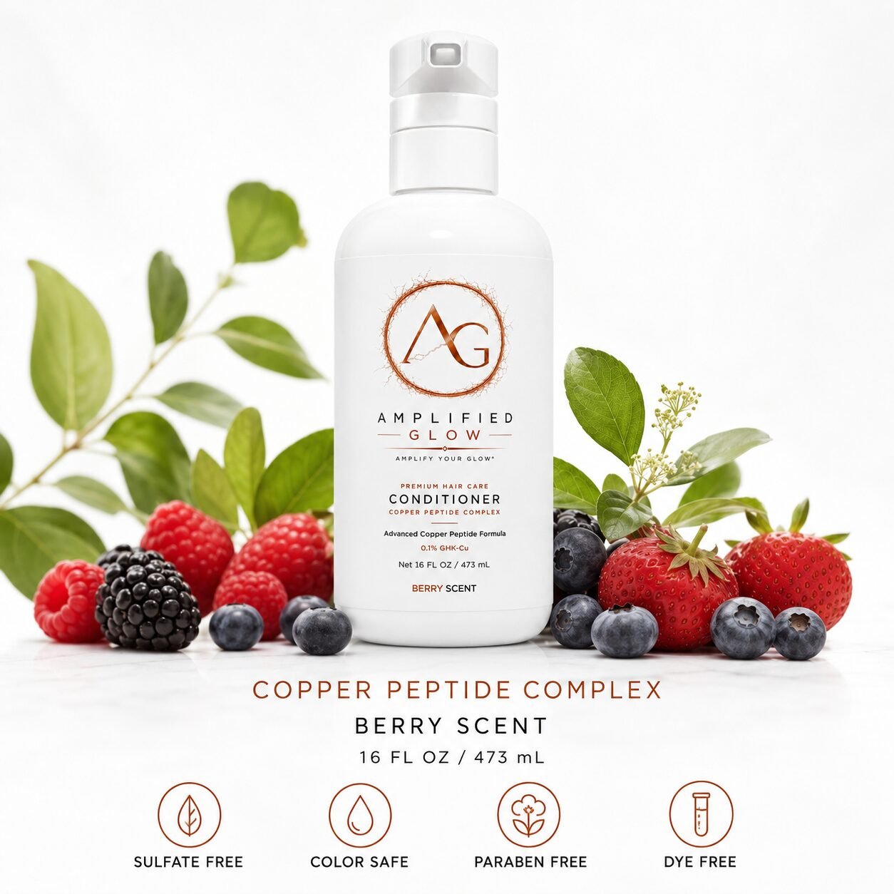 Amplified Glow Copper Peptide Complex Conditioner bottle, 16 fl oz, berry scent, premium hair care formula.