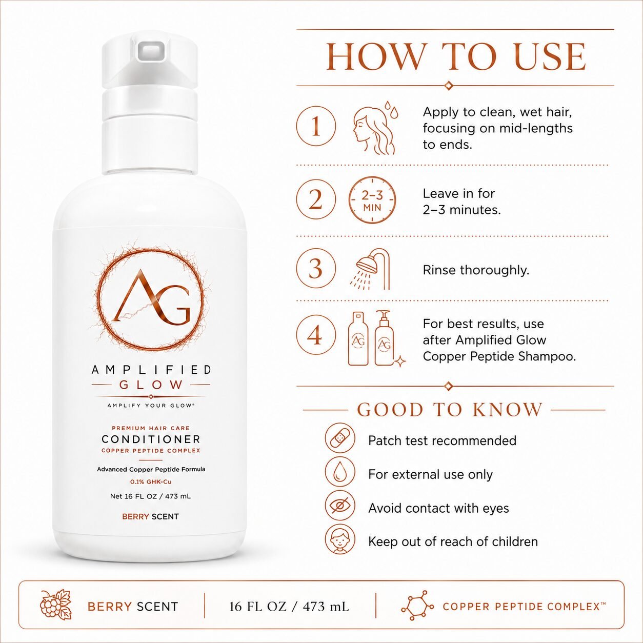 vAmplified Glow conditioner usage guide showing how to apply to wet hair, leave in for 2–3 minutes, rinse thoroughly, and follow safety reminders.