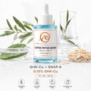 Amplified Glow Copper Peptide Serum bottle with GHK-Cu + SNAP-8, 0.15% GHK-Cu, 1 fl oz.