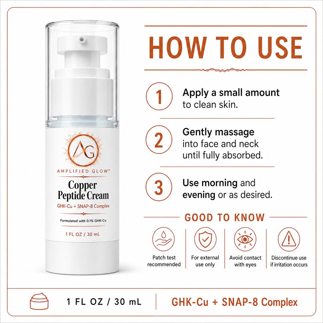Amplified Glow Copper Peptide Cream with three-step application instructions and skincare safety recommendations.