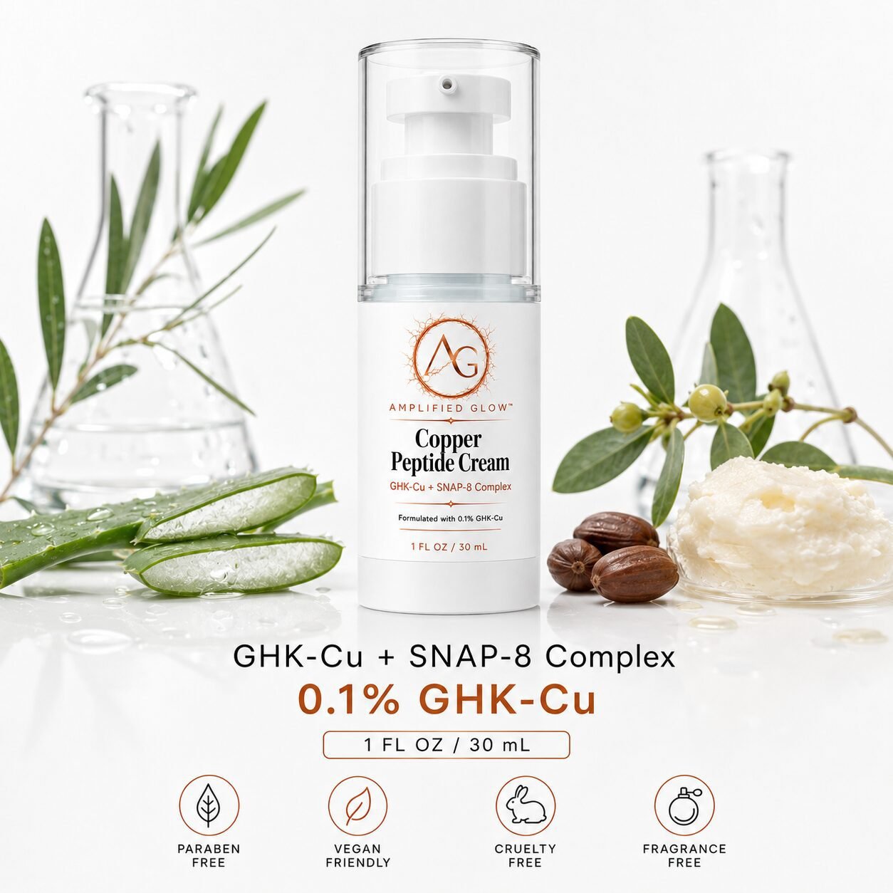 Amplified Glow Copper Peptide Cream with aloe vera, jojoba, shea butter, and laboratory glassware on a clean white background.