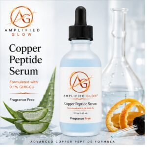 Amplified Glow Copper Peptide Serum with aloe vera, orange peel, botanical leaves, and water droplets on a clean skincare background.