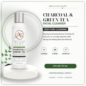 Amplified Glow Charcoal and Green Tea Facial Cleanser displayed with charcoal and green tea leaves for deep pore cleansing.