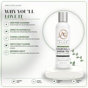 Amplified Glow Charcoal and Green Tea Facial Cleanser with benefits including cleansing, purifying, refreshing, and balancing skin.