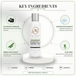 Amplified Glow facial cleanser featuring activated charcoal, green tea extract, aloe vera, and sodium hyaluronate.