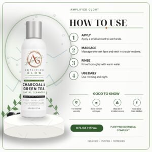 How to use Amplified Glow Charcoal and Green Tea Facial Cleanser: apply to wet skin, massage gently, rinse, and use morning and night.
