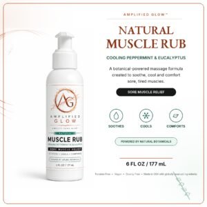Amplified Glow Natural Muscle Rub with cooling peppermint and eucalyptus, displayed with botanical leaves and sore-muscle relief benefits.
