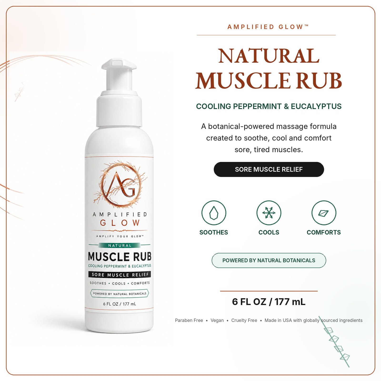 Amplified Glow Natural Muscle Rub with cooling peppermint and eucalyptus, displayed with botanical leaves and sore-muscle relief benefits.