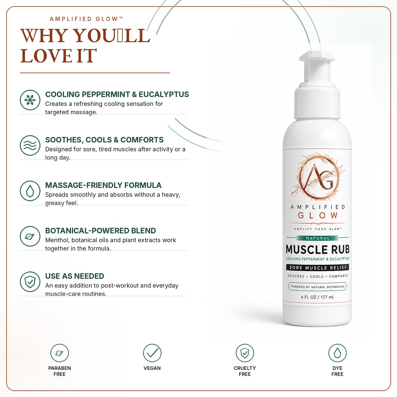 Amplified Glow Muscle Rub with benefits including fast-acting cooling relief, lightweight absorption, and everyday muscle comfort.