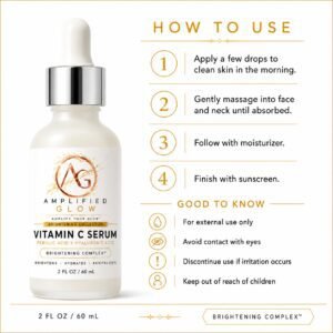 Amplified Glow Vitamin C Serum usage guide showing morning application steps and important skincare safety reminders.