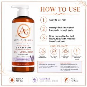 Amplified Glow Lavender Copper Peptide Shampoo with three-step washing directions, patch-test guidance, and hair-care safety information.