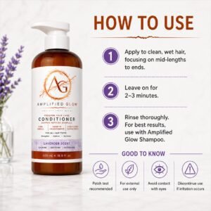 Amplified Glow Lavender Copper Peptide Conditioner with three-step application instructions and product safety reminders.