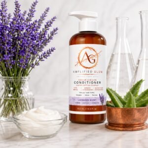Amplified Glow Lavender Conditioner displayed with fresh lavender, aloe vera, creamy conditioner, and laboratory glassware.