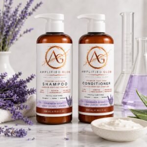 Amplified Glow Lavender Glow shampoo and conditioner displayed on a marble surface with fresh lavender, aloe leaves, creamy conditioner, and laboratory glassware in a bright spa-inspired setting.