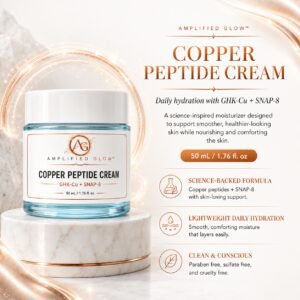 Amplified Glow Copper Peptide Cream with GHK-Cu and SNAP-8 displayed on a marble pedestal beside key product benefits and 50 mL size.