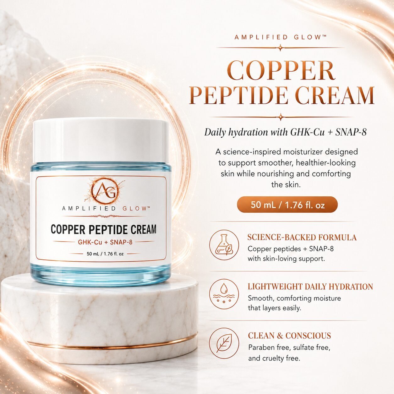 Amplified Glow Copper Peptide Cream with GHK-Cu and SNAP-8 displayed on a marble pedestal beside key product benefits and 50 mL size.