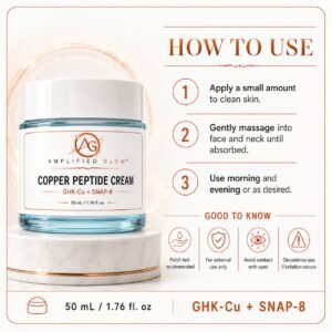 How to use Amplified Glow Copper Peptide Cream: apply to clean skin, massage into the face and neck, and use morning and evening.