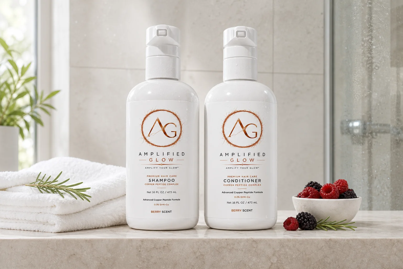 Amplified Glow Berry copper peptide shampoo and conditioner on a bathroom vanity