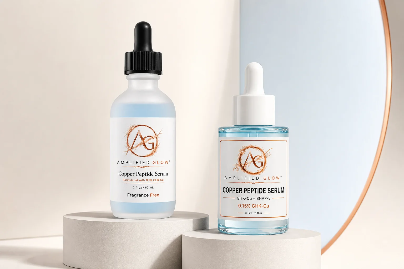 Amplified Glow 0.1% GHK-Cu serum and 0.15% GHK-Cu plus SNAP-8 serum side by side
