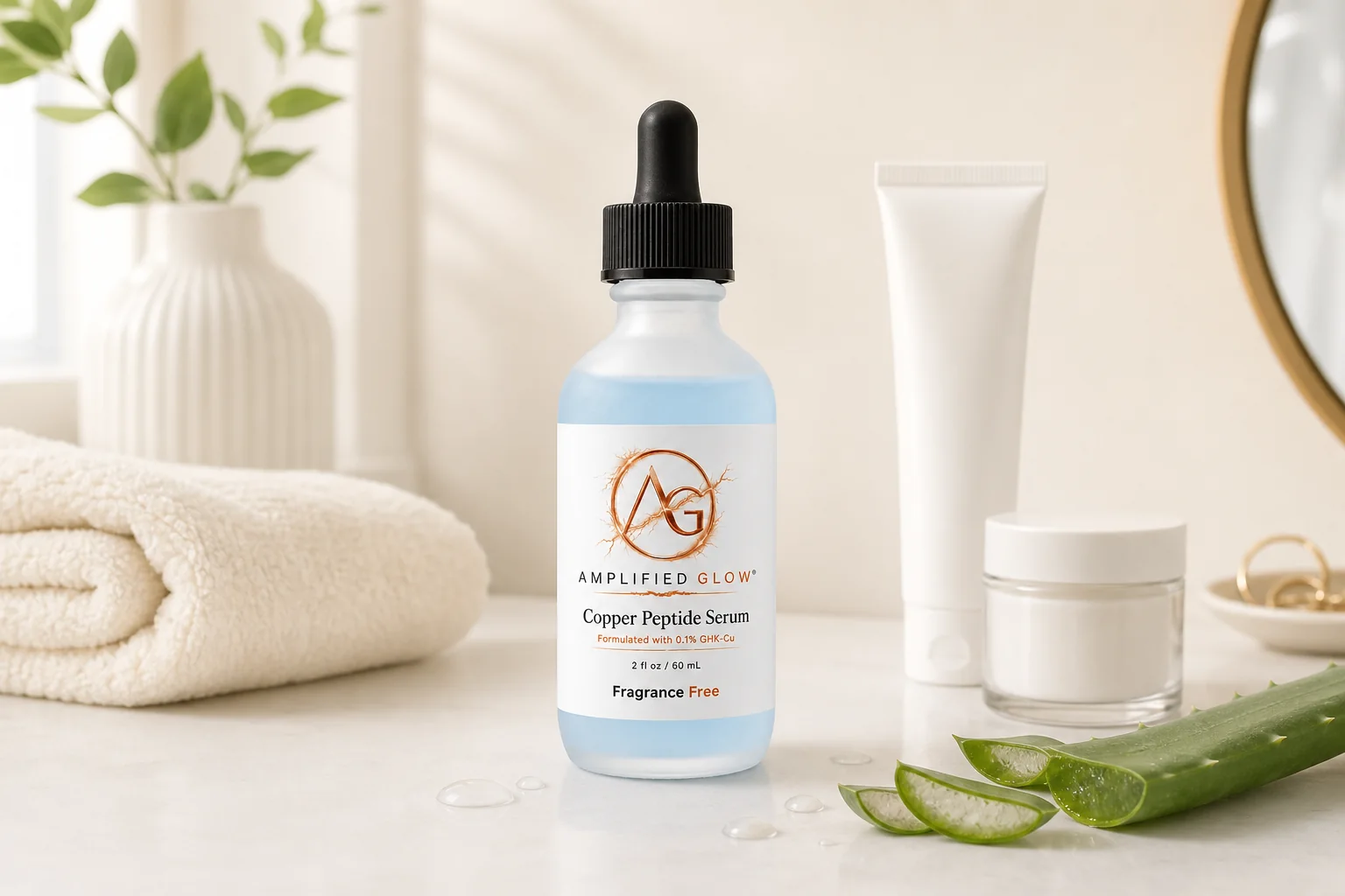 Amplified Glow copper peptide serum with moisturizer and sunscreen in a simple skincare routine
