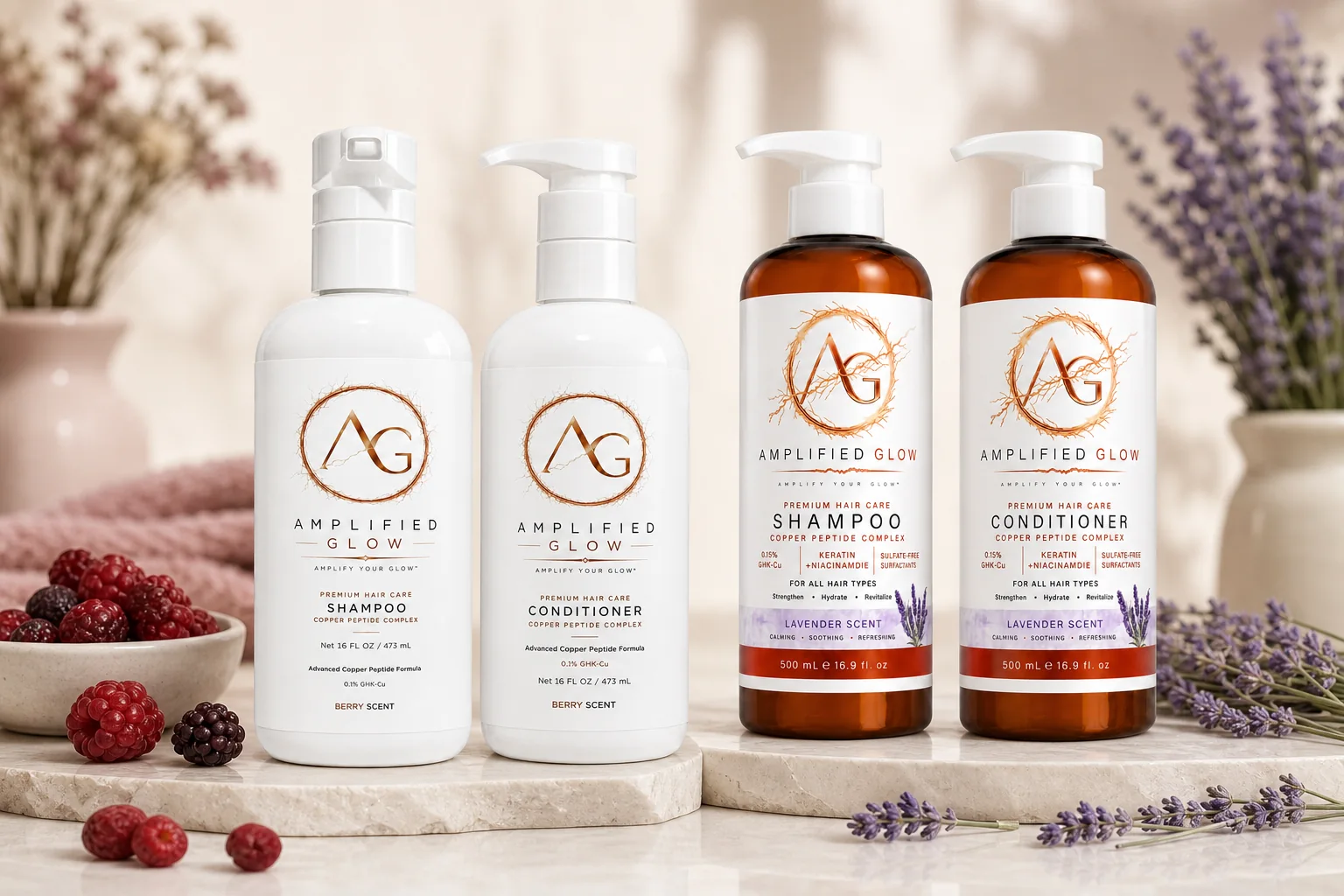 Amplified Glow Berry and Lavender copper peptide shampoo and conditioner products