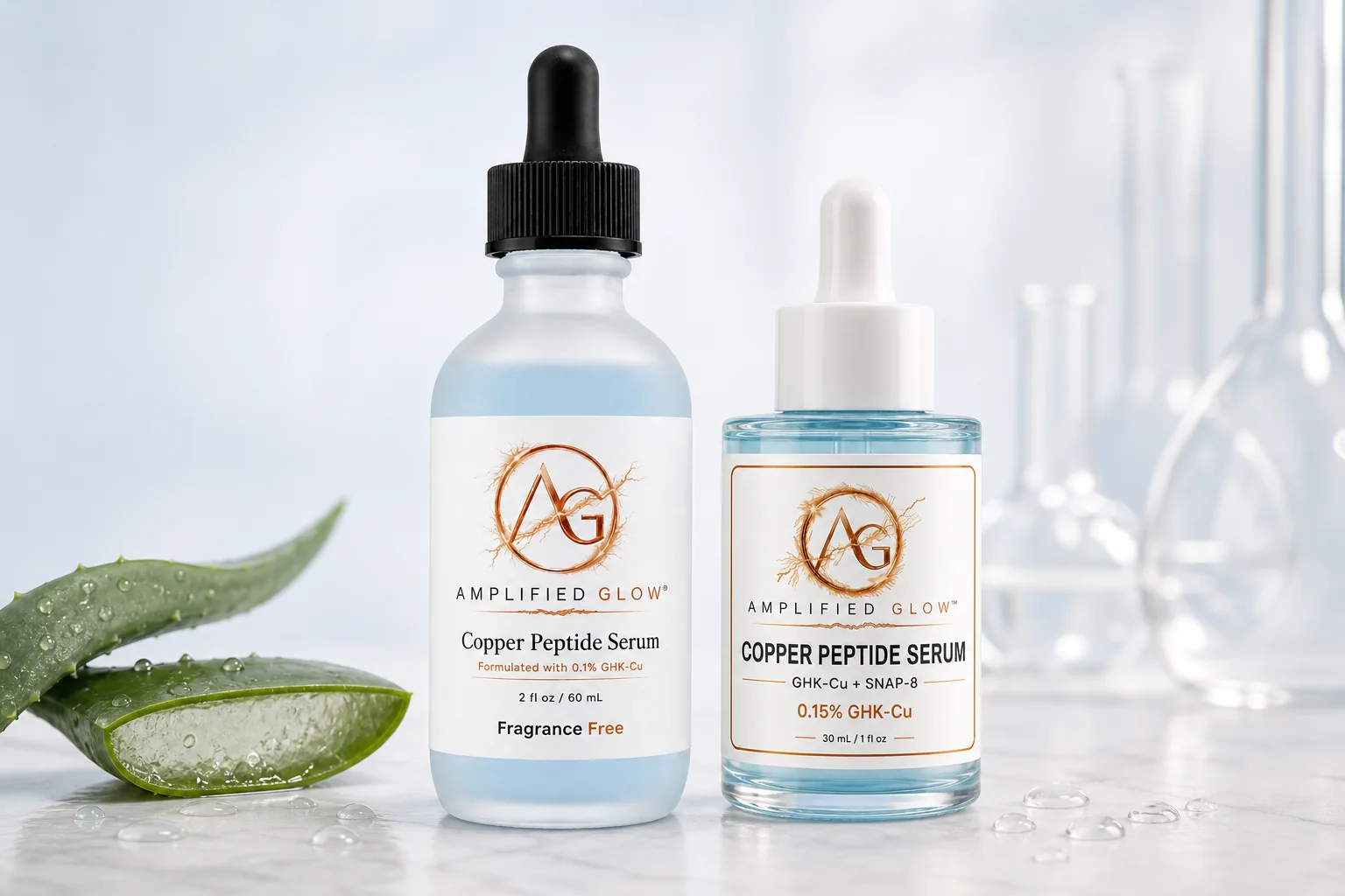 Amplified Glow 0.1% GHK-Cu and 0.15% GHK-Cu plus SNAP-8 copper peptide serums