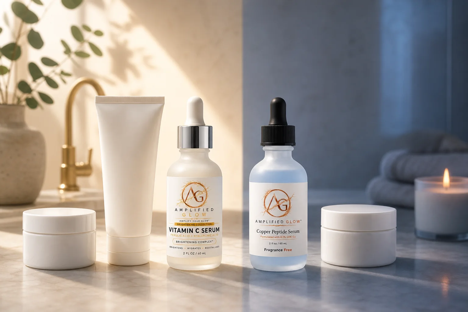 Amplified Glow vitamin C serum for morning and copper peptide serum for evening skincare