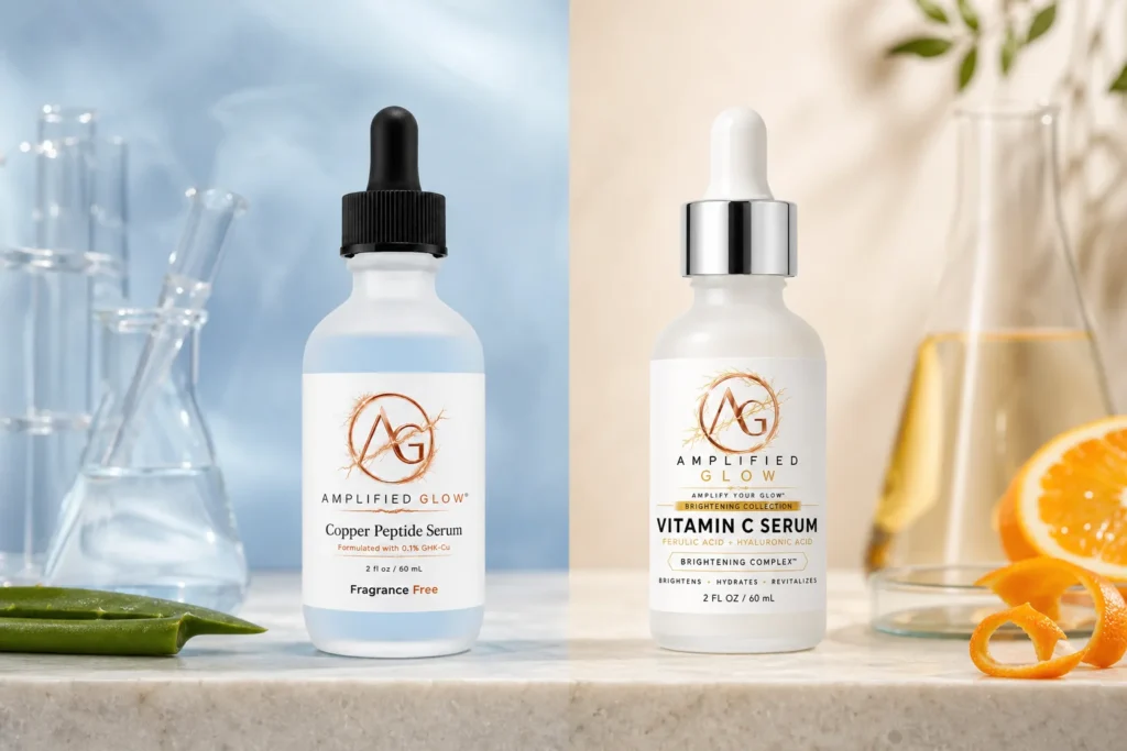 Amplified Glow copper peptide serum and vitamin C serum compared side by side