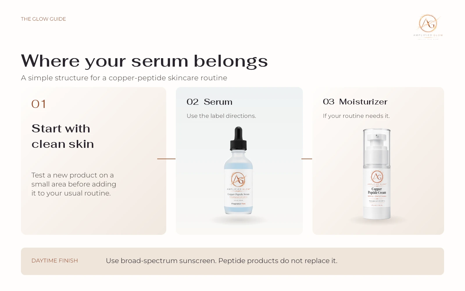 Use a serum according to its label, add moisturizer where needed, and finish the daytime routine with broad-spectrum sunscreen.