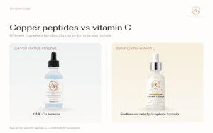 Amplified Glow Copper Peptide Renewal Serum and Brightening Vitamin C Serum compared by ingredient family.