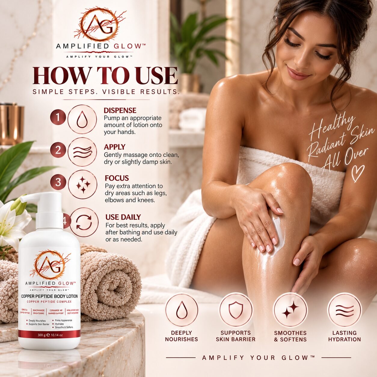 Amplified Glow™ Copper Peptide Body Lotion Hyaluronic Acid how to use