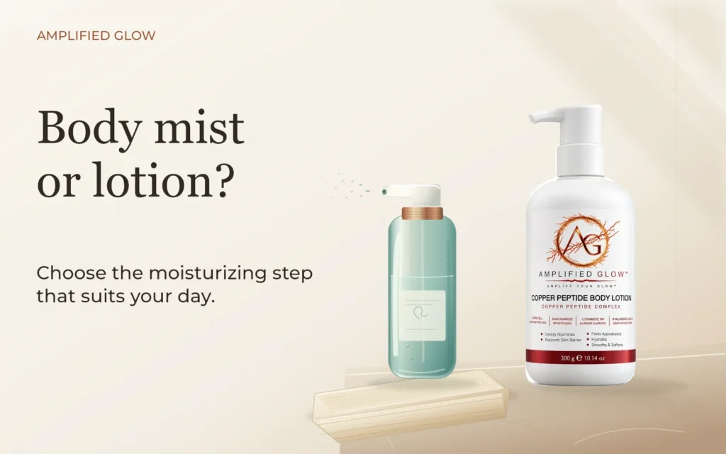 A detailed illustrated generic body mist bottle beside an Amplified Glow body lotion, 300 g, on a bathroom counter.