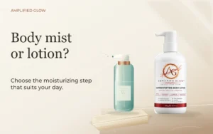 A detailed illustrated generic body mist bottle beside an Amplified Glow body lotion, 300 g, on a bathroom counter.