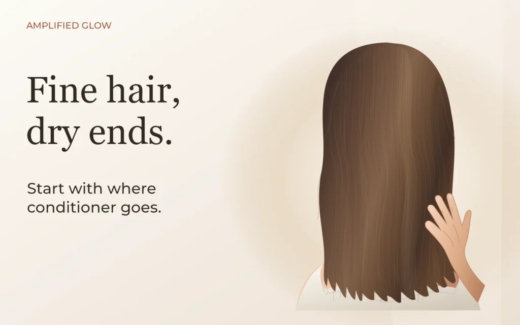Detailed illustration of fine, shoulder-length hair with a hand gently gathering the ends.