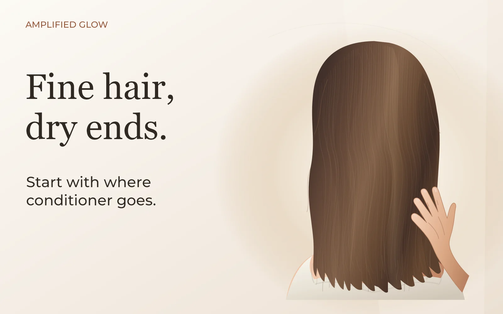 Detailed illustration of fine, shoulder-length hair with a hand gently gathering the ends.