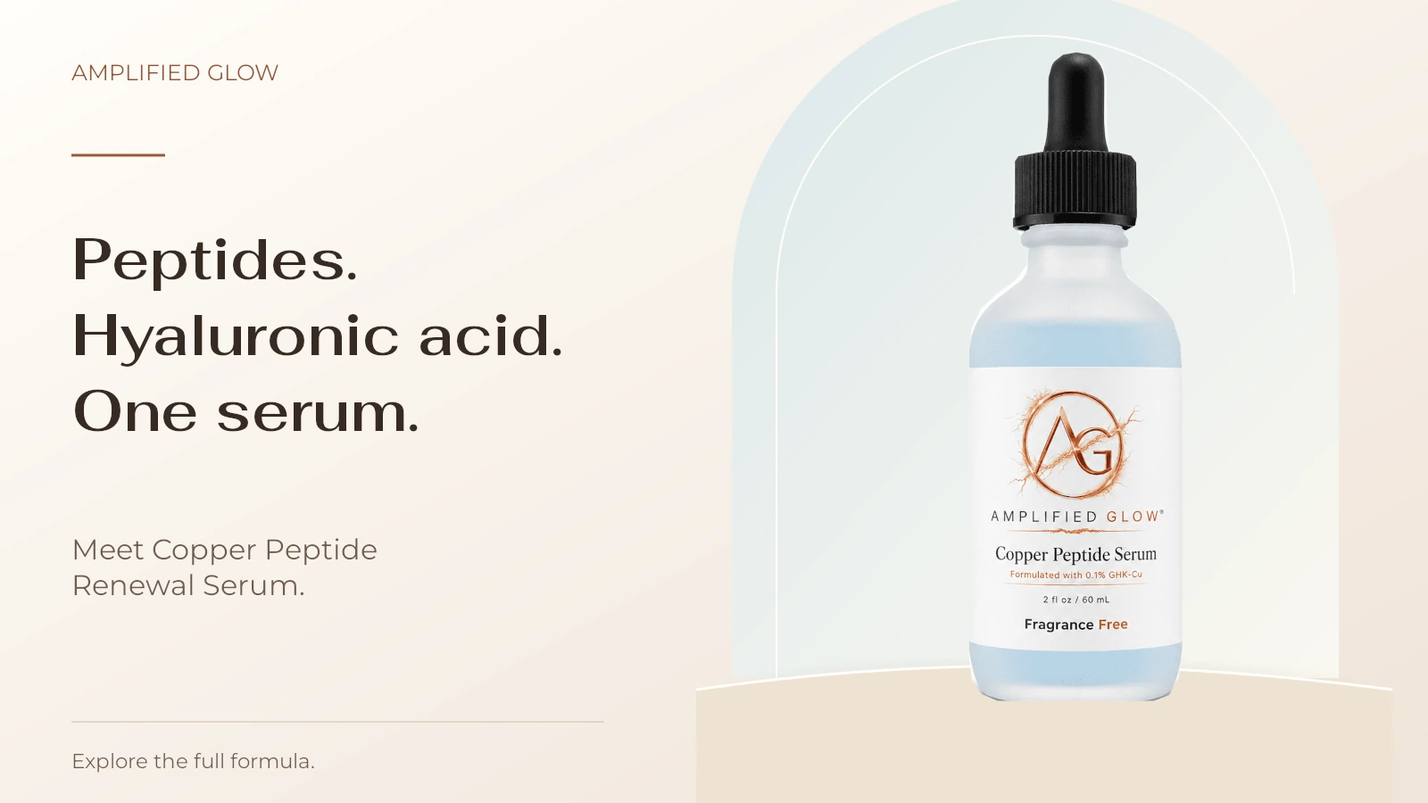 Amplified Glow Copper Peptide Renewal Serum alongside the words: Peptides. Hyaluronic acid. One serum.