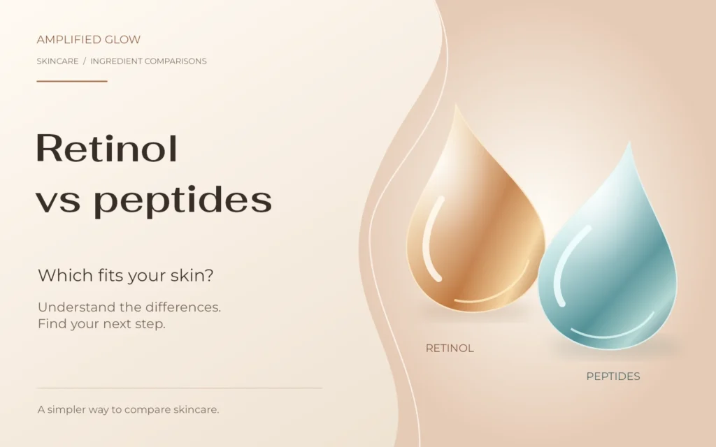 Amber and blue droplets beside the question: Retinol vs peptides, which fits your skin?