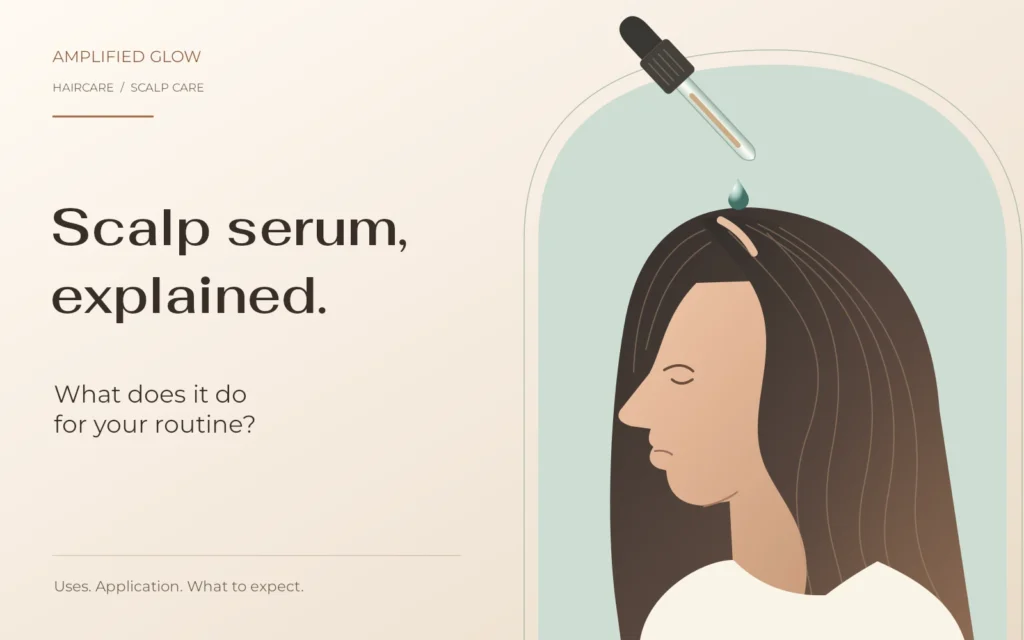 Illustration of a serum dropper above a woman's scalp, introducing scalp serum uses.