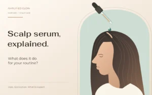 Illustration of a serum dropper above a woman's scalp, introducing scalp serum uses.